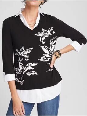Chicos Built-In Shirt Knit Lily Print Sweater Size 3XL Sleeve & Collared